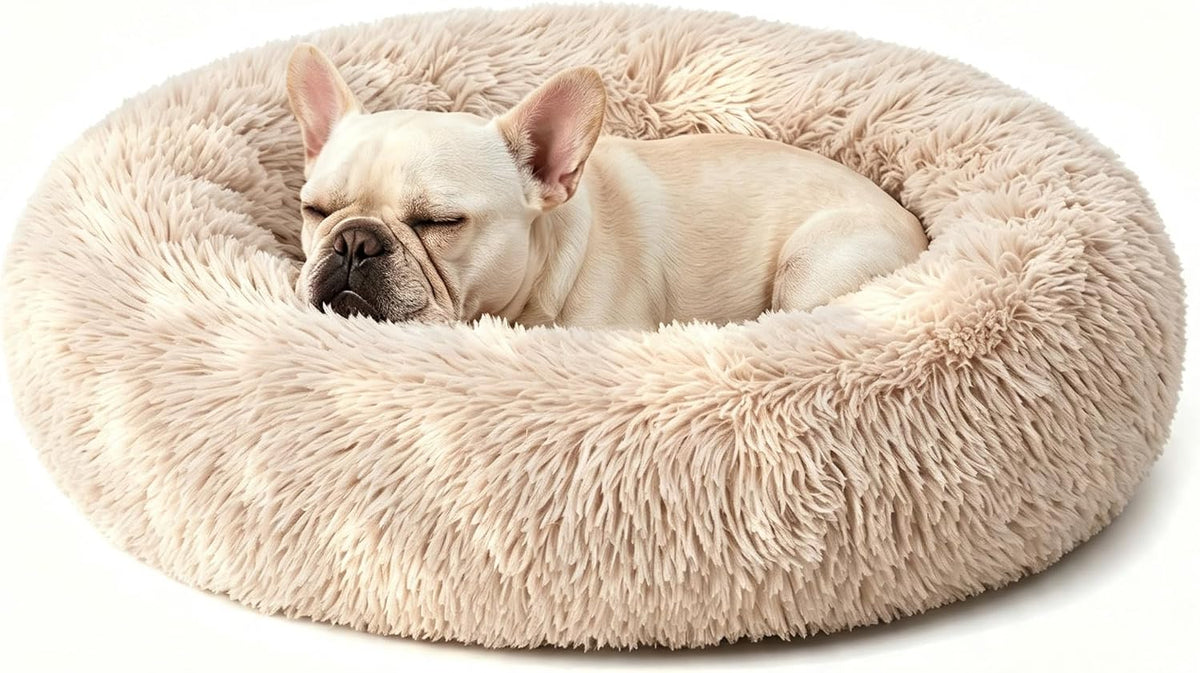 Calming Donut Dog and Cat Bed for Indoor Cats, Anti-Anxiety Round Fluffy Soft Washable Small Pet Bed for Puppy and Kitten, Warming Comfortable Luxury Anti-Slip Waterproof Mute Base 20in Gray