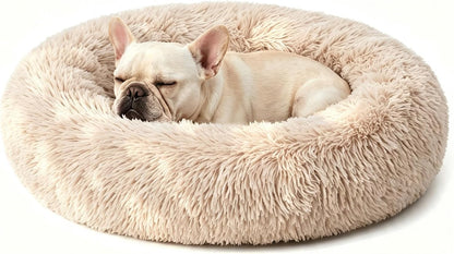 Calming Donut Dog and Cat Bed for Indoor Cats, Anti-Anxiety Round Fluffy Soft Washable Small Pet Bed for Puppy and Kitten, Warming Comfortable Luxury Anti-Slip Waterproof Mute Base 20in Gray