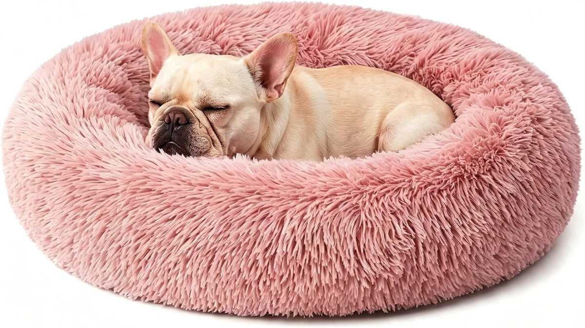 Calming Donut Dog and Cat Bed for Indoor Cats, Anti-Anxiety Round Fluffy Soft Washable Small Pet Bed for Puppy and Kitten, Warming Comfortable Luxury Anti-Slip Waterproof Mute Base 20in Gray