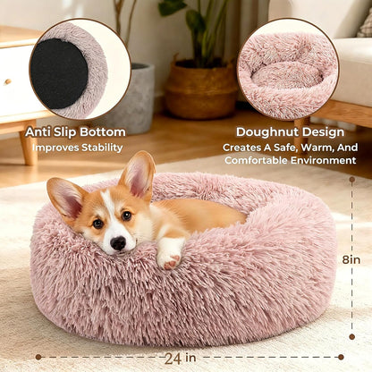 Calming Donut Dog and Cat Bed for Indoor Cats, Anti-Anxiety Round Fluffy Soft Washable Small Pet Bed for Puppy and Kitten, Warming Comfortable Luxury Anti-Slip Waterproof Mute Base 20in Gray