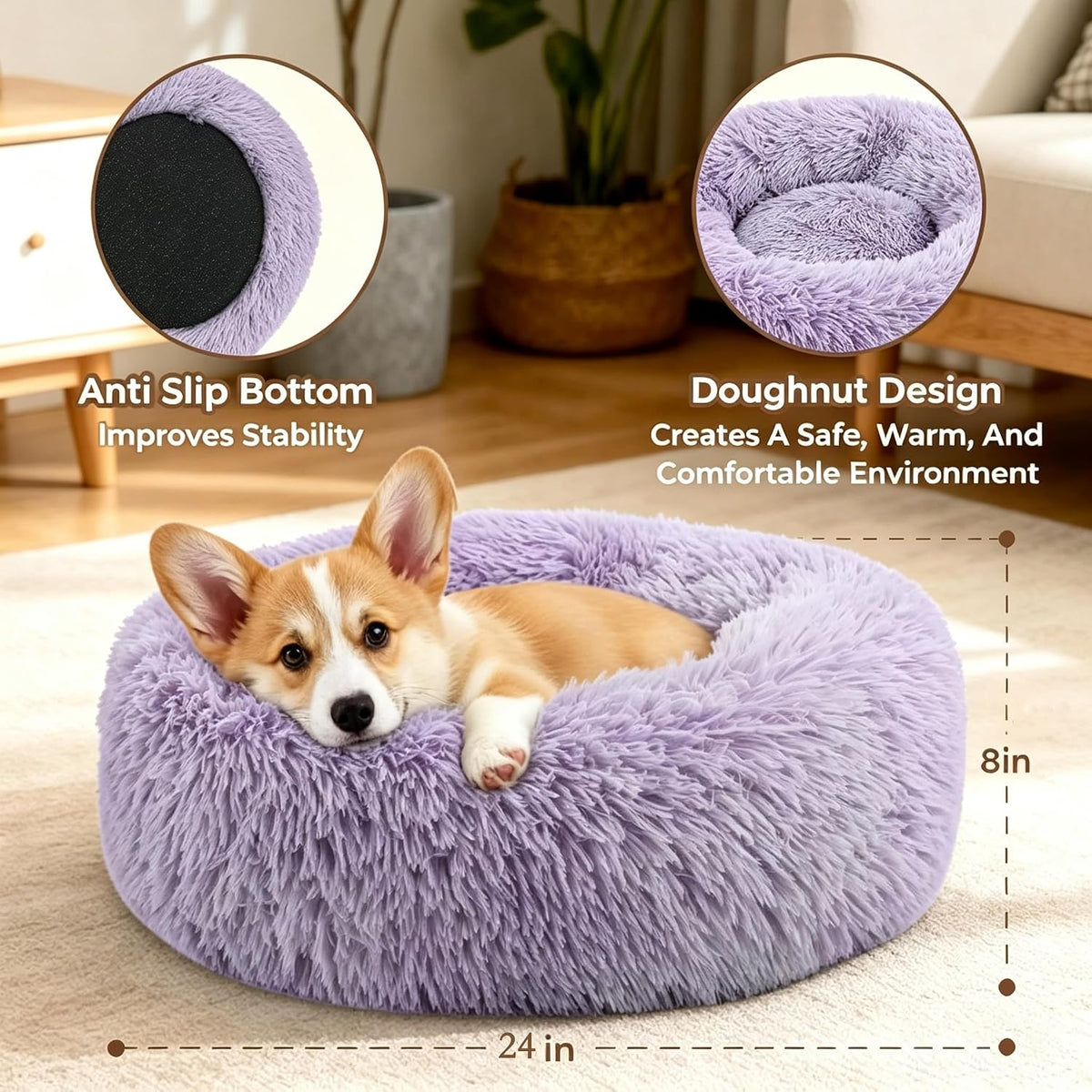 Calming Donut Dog and Cat Bed for Indoor Cats, Anti-Anxiety Round Fluffy Soft Washable Small Pet Bed for Puppy and Kitten, Warming Comfortable Luxury Anti-Slip Waterproof Mute Base 20in Gray