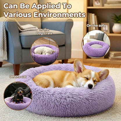 Calming Donut Dog and Cat Bed for Indoor Cats, Anti-Anxiety Round Fluffy Soft Washable Small Pet Bed for Puppy and Kitten, Warming Comfortable Luxury Anti-Slip Waterproof Mute Base 20in Gray