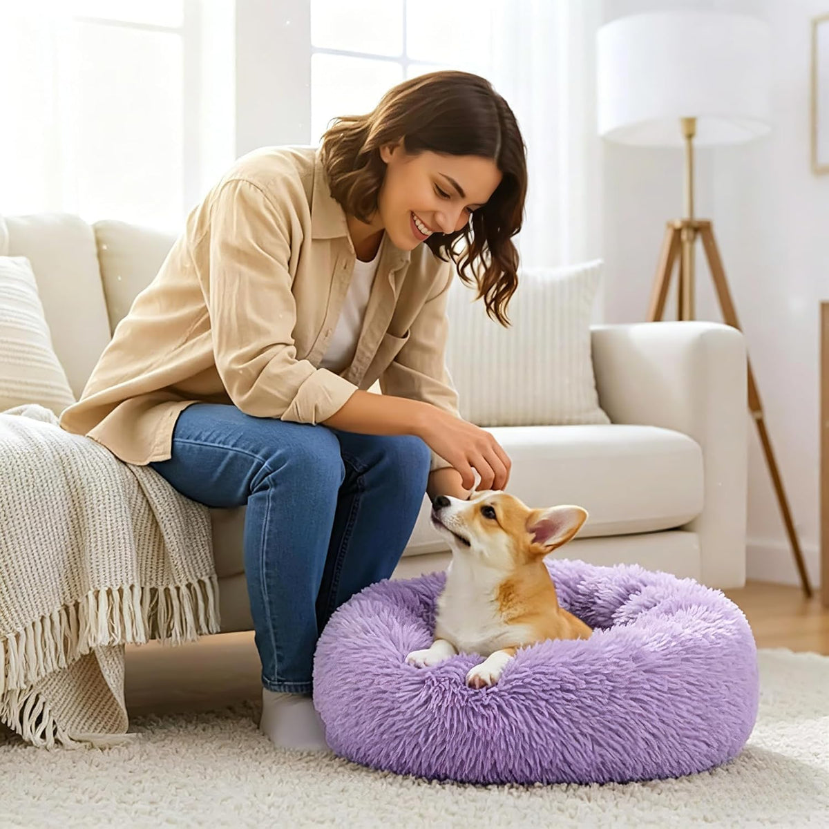 Calming Donut Dog and Cat Bed for Indoor Cats, Anti-Anxiety Round Fluffy Soft Washable Small Pet Bed for Puppy and Kitten, Warming Comfortable Luxury Anti-Slip Waterproof Mute Base 20in Gray