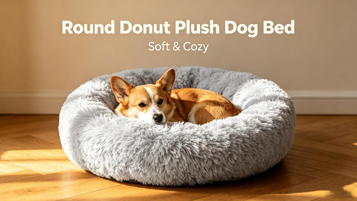 Calming Donut Dog and Cat Bed for Indoor Cats, Anti-Anxiety Round Fluffy Soft Washable Small Pet Bed for Puppy and Kitten, Warming Comfortable Luxury Anti-Slip Waterproof Mute Base 20in Gray
