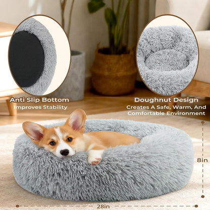 Calming Donut Dog and Cat Bed for Indoor Cats, Anti-Anxiety Round Fluffy Soft Washable Small Pet Bed for Puppy and Kitten, Warming Comfortable Luxury Anti-Slip Waterproof Mute Base 20in Gray