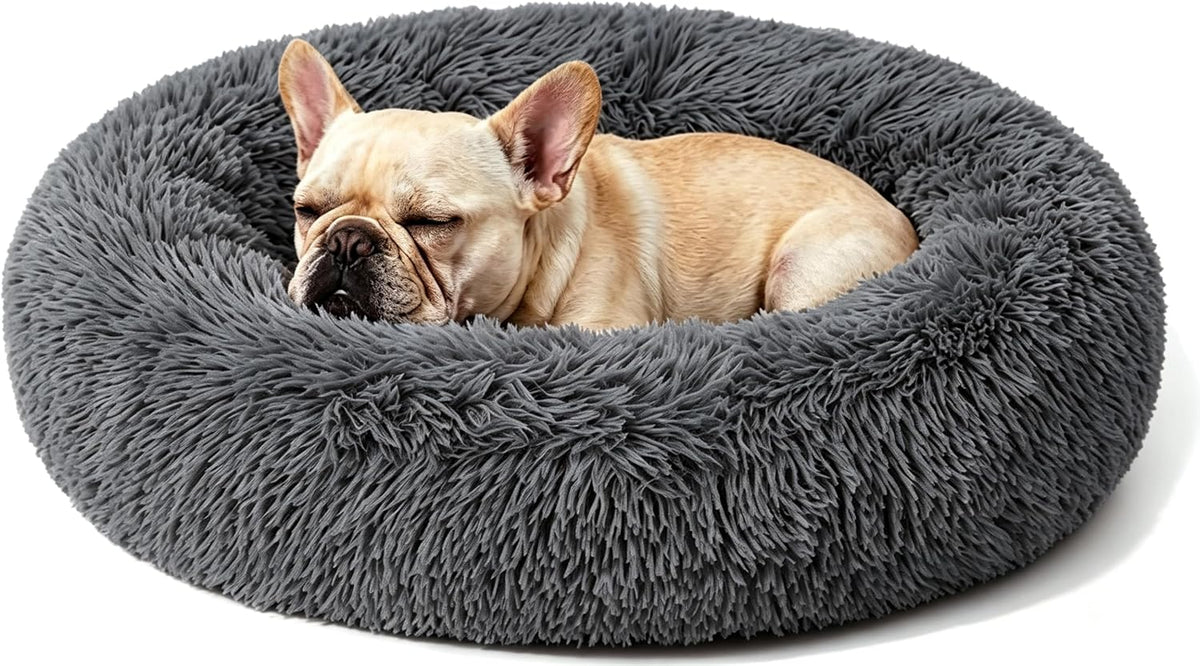 Calming Donut Dog and Cat Bed for Indoor Cats, Anti-Anxiety Round Fluffy Soft Washable Small Pet Bed for Puppy and Kitten, Warming Comfortable Luxury Anti-Slip Waterproof Mute Base 20in Gray