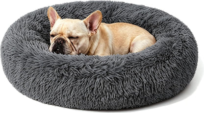 Calming Donut Dog and Cat Bed for Indoor Cats, Anti-Anxiety Round Fluffy Soft Washable Small Pet Bed for Puppy and Kitten, Warming Comfortable Luxury Anti-Slip Waterproof Mute Base 20in Gray