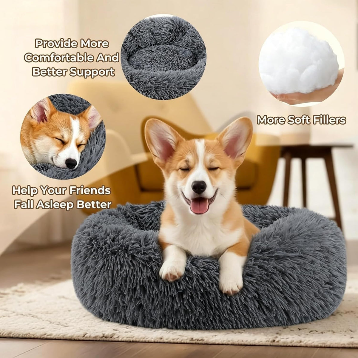 Calming Donut Dog and Cat Bed for Indoor Cats, Anti-Anxiety Round Fluffy Soft Washable Small Pet Bed for Puppy and Kitten, Warming Comfortable Luxury Anti-Slip Waterproof Mute Base 20in Gray