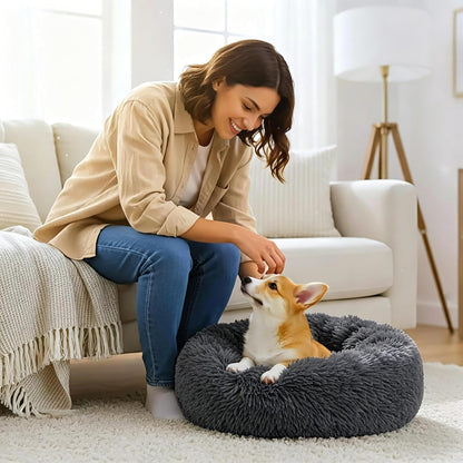 Calming Donut Dog and Cat Bed for Indoor Cats, Anti-Anxiety Round Fluffy Soft Washable Small Pet Bed for Puppy and Kitten, Warming Comfortable Luxury Anti-Slip Waterproof Mute Base 20in Gray