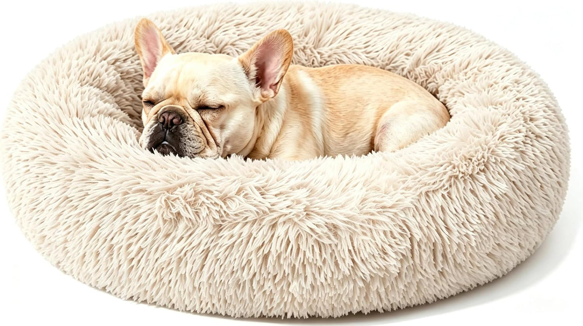Calming Donut Dog and Cat Bed for Indoor Cats, Anti-Anxiety Round Fluffy Soft Washable Small Pet Bed for Puppy and Kitten, Warming Comfortable Luxury Anti-Slip Waterproof Mute Base 20in Gray