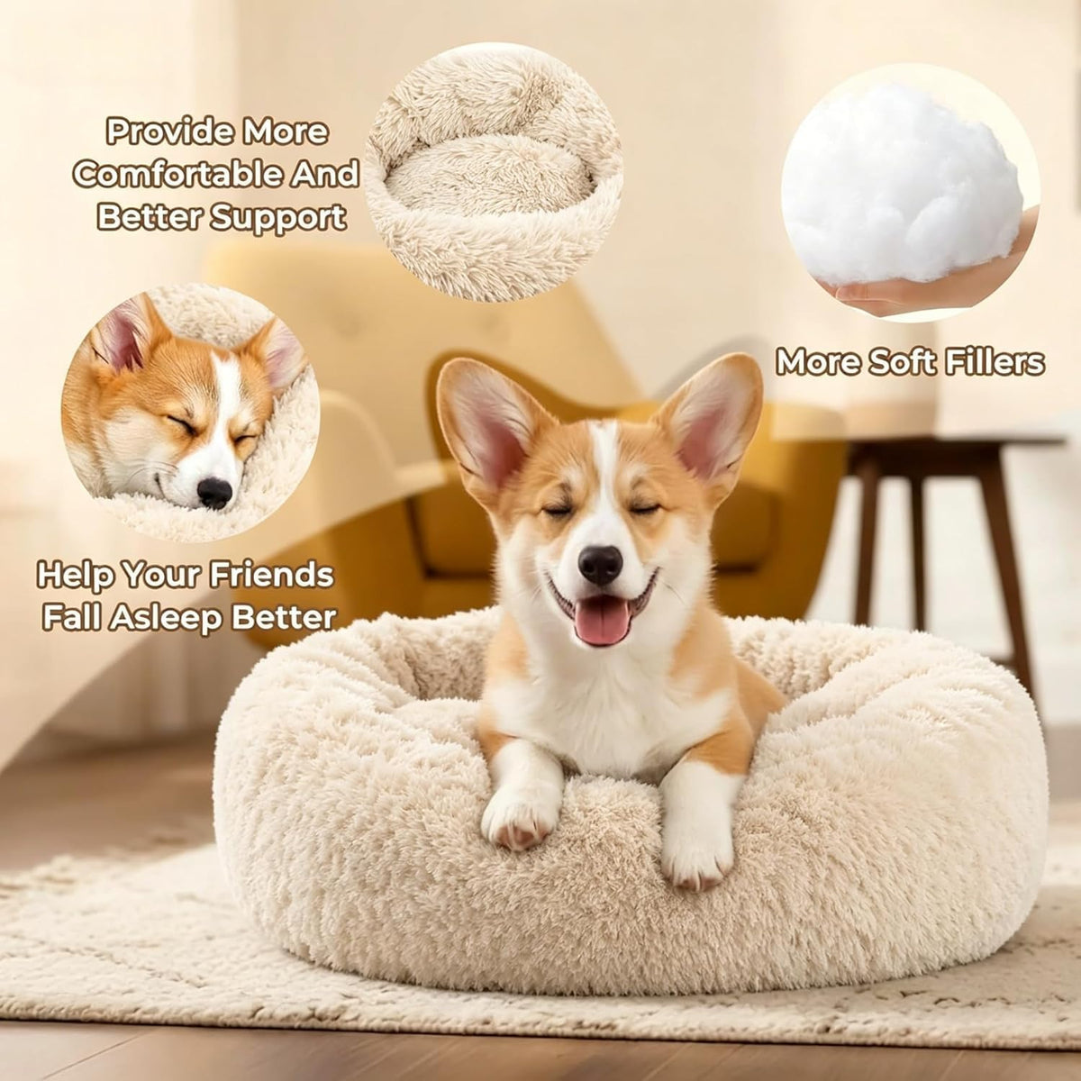 Calming Donut Dog and Cat Bed for Indoor Cats, Anti-Anxiety Round Fluffy Soft Washable Small Pet Bed for Puppy and Kitten, Warming Comfortable Luxury Anti-Slip Waterproof Mute Base 20in Gray