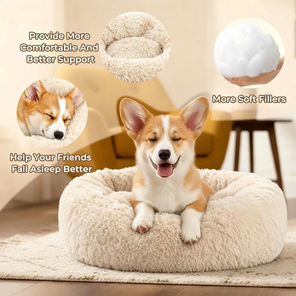 Calming Donut Dog and Cat Bed for Indoor Cats, Anti-Anxiety Round Fluffy Soft Washable Small Pet Bed for Puppy and Kitten, Warming Comfortable Luxury Anti-Slip Waterproof Mute Base 20in Gray