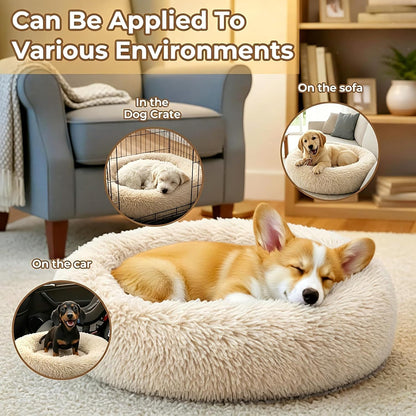 Calming Donut Dog and Cat Bed for Indoor Cats, Anti-Anxiety Round Fluffy Soft Washable Small Pet Bed for Puppy and Kitten, Warming Comfortable Luxury Anti-Slip Waterproof Mute Base 20in Gray