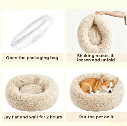 Calming Donut Dog and Cat Bed for Indoor Cats, Anti-Anxiety Round Fluffy Soft Washable Small Pet Bed for Puppy and Kitten, Warming Comfortable Luxury Anti-Slip Waterproof Mute Base 20in Gray