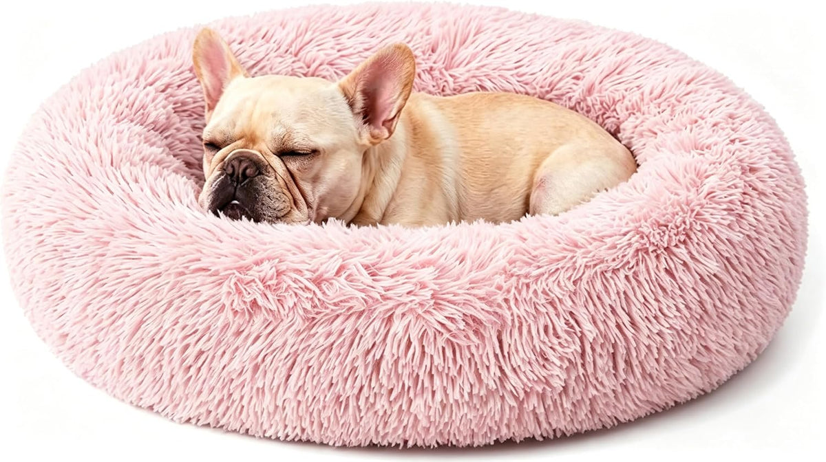 Calming Donut Dog and Cat Bed for Indoor Cats, Anti-Anxiety Round Fluffy Soft Washable Small Pet Bed for Puppy and Kitten, Warming Comfortable Luxury Anti-Slip Waterproof Mute Base 20in Gray