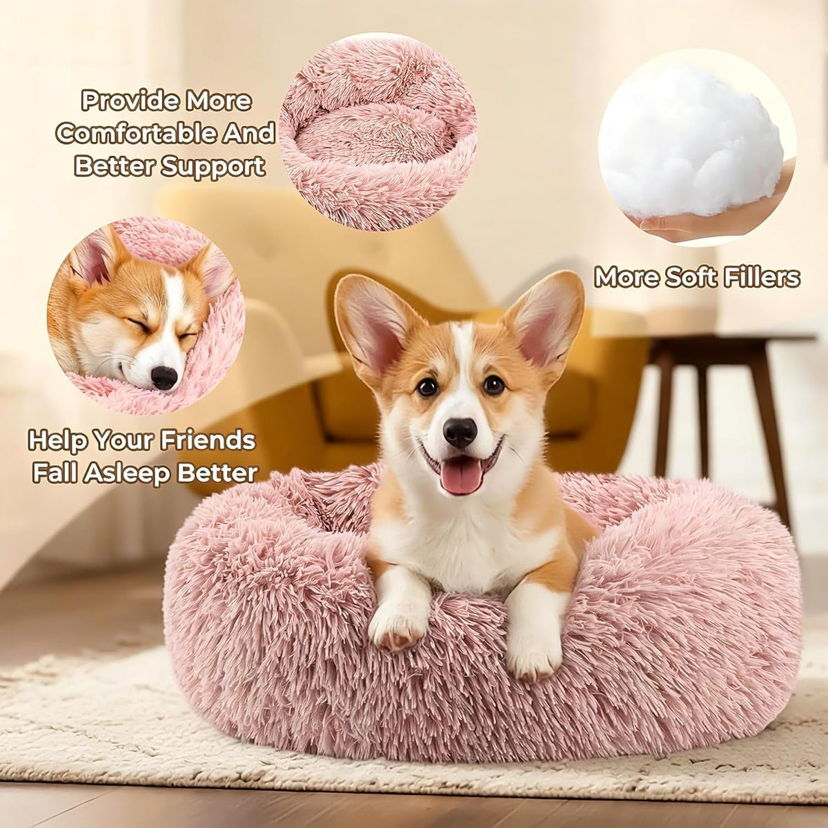 Calming Donut Dog and Cat Bed for Indoor Cats, Anti-Anxiety Round Fluffy Soft Washable Small Pet Bed for Puppy and Kitten, Warming Comfortable Luxury Anti-Slip Waterproof Mute Base 20in Gray