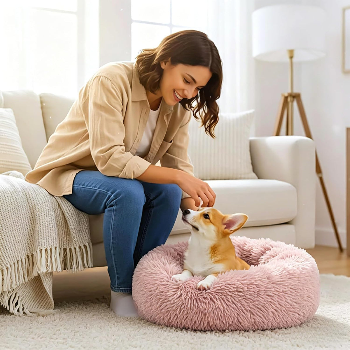 Calming Donut Dog and Cat Bed for Indoor Cats, Anti-Anxiety Round Fluffy Soft Washable Small Pet Bed for Puppy and Kitten, Warming Comfortable Luxury Anti-Slip Waterproof Mute Base 20in Gray