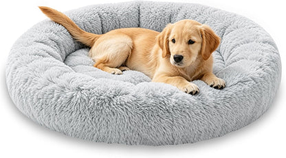 Calming Donut Dog and Cat Bed for Indoor Cats, Anti-Anxiety Round Fluffy Soft Washable Small Pet Bed for Puppy and Kitten, Warming Comfortable Luxury Anti-Slip Waterproof Mute Base 20in Gray