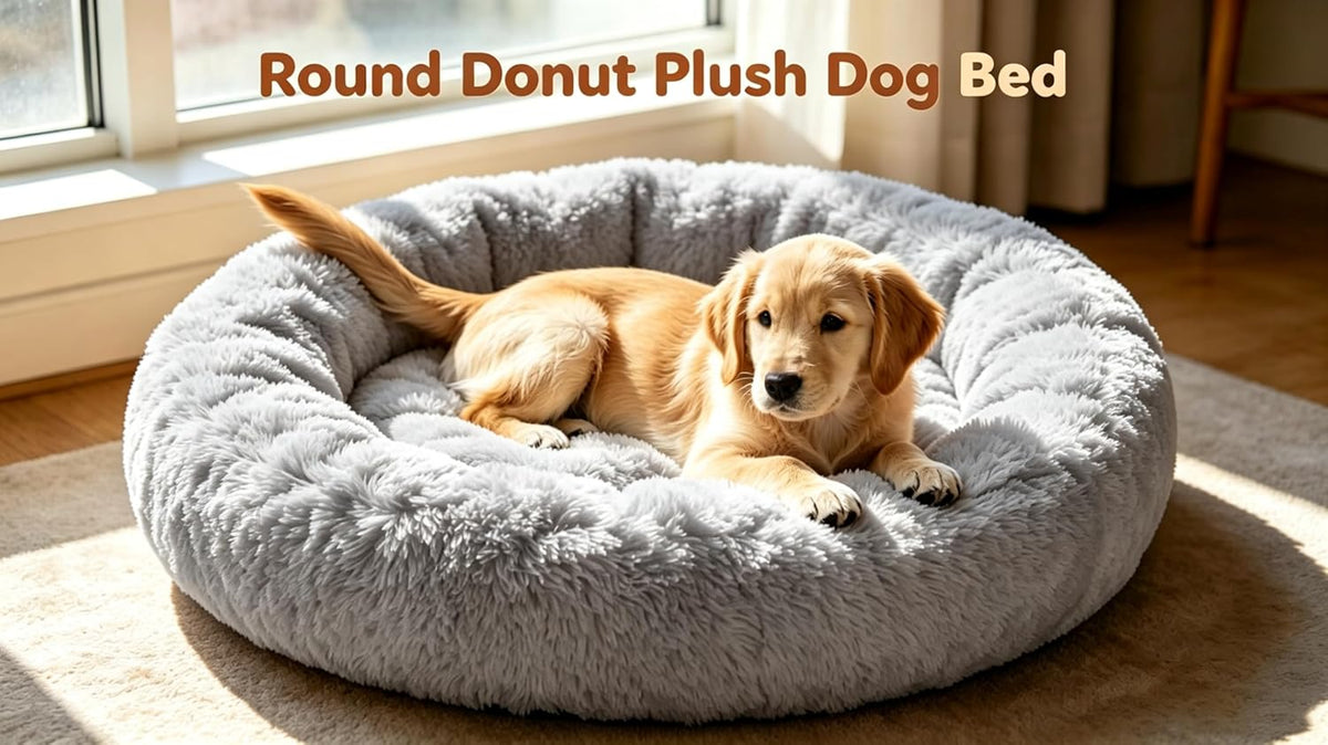 Calming Donut Dog and Cat Bed for Indoor Cats, Anti-Anxiety Round Fluffy Soft Washable Small Pet Bed for Puppy and Kitten, Warming Comfortable Luxury Anti-Slip Waterproof Mute Base 20in Gray