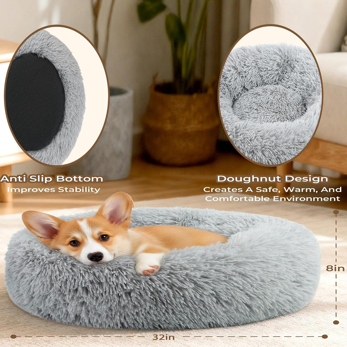 Calming Donut Dog and Cat Bed for Indoor Cats, Anti-Anxiety Round Fluffy Soft Washable Small Pet Bed for Puppy and Kitten, Warming Comfortable Luxury Anti-Slip Waterproof Mute Base 20in Gray