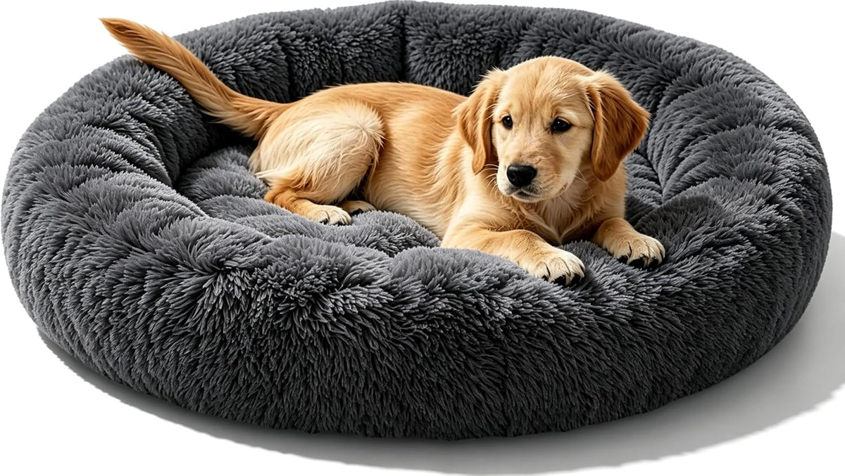 Calming Donut Dog and Cat Bed for Indoor Cats, Anti-Anxiety Round Fluffy Soft Washable Small Pet Bed for Puppy and Kitten, Warming Comfortable Luxury Anti-Slip Waterproof Mute Base 20in Gray