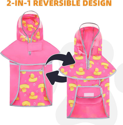 2-in-1 Reversible Medium Dog Raincoat, Hooded Rain Jacket Poncho