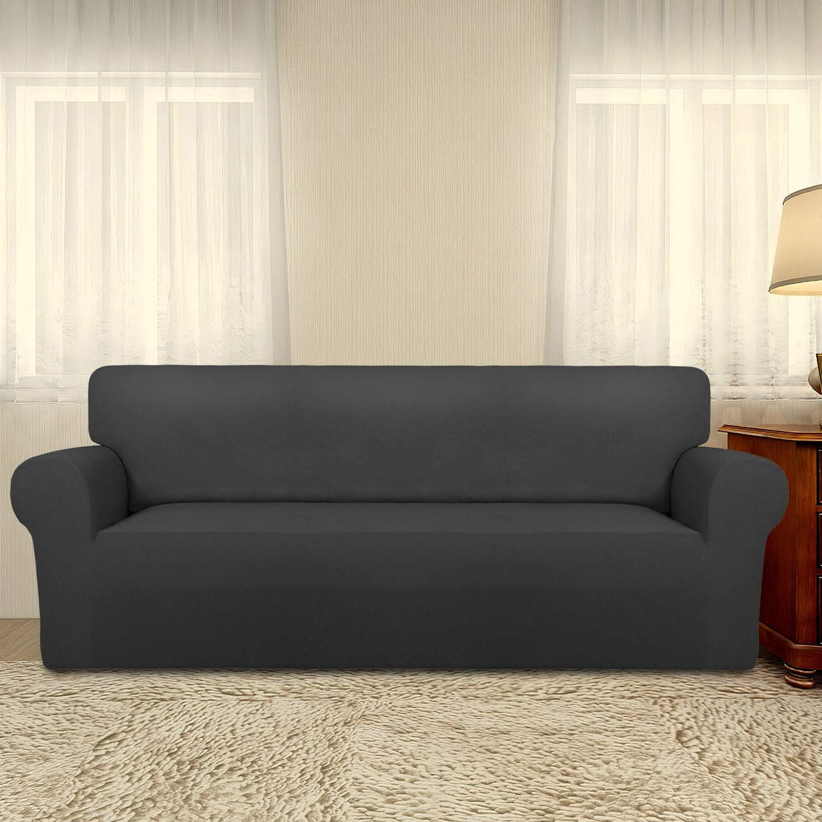Stretch Couch Covers for Sofa Large Sofa Slipcovers Dark Gray | 1-Piece Spandex Couch cover Soft Couch protector, Sofa cover Washable with Non Skid Foam and Elastic Bottom for Kids, Dogs