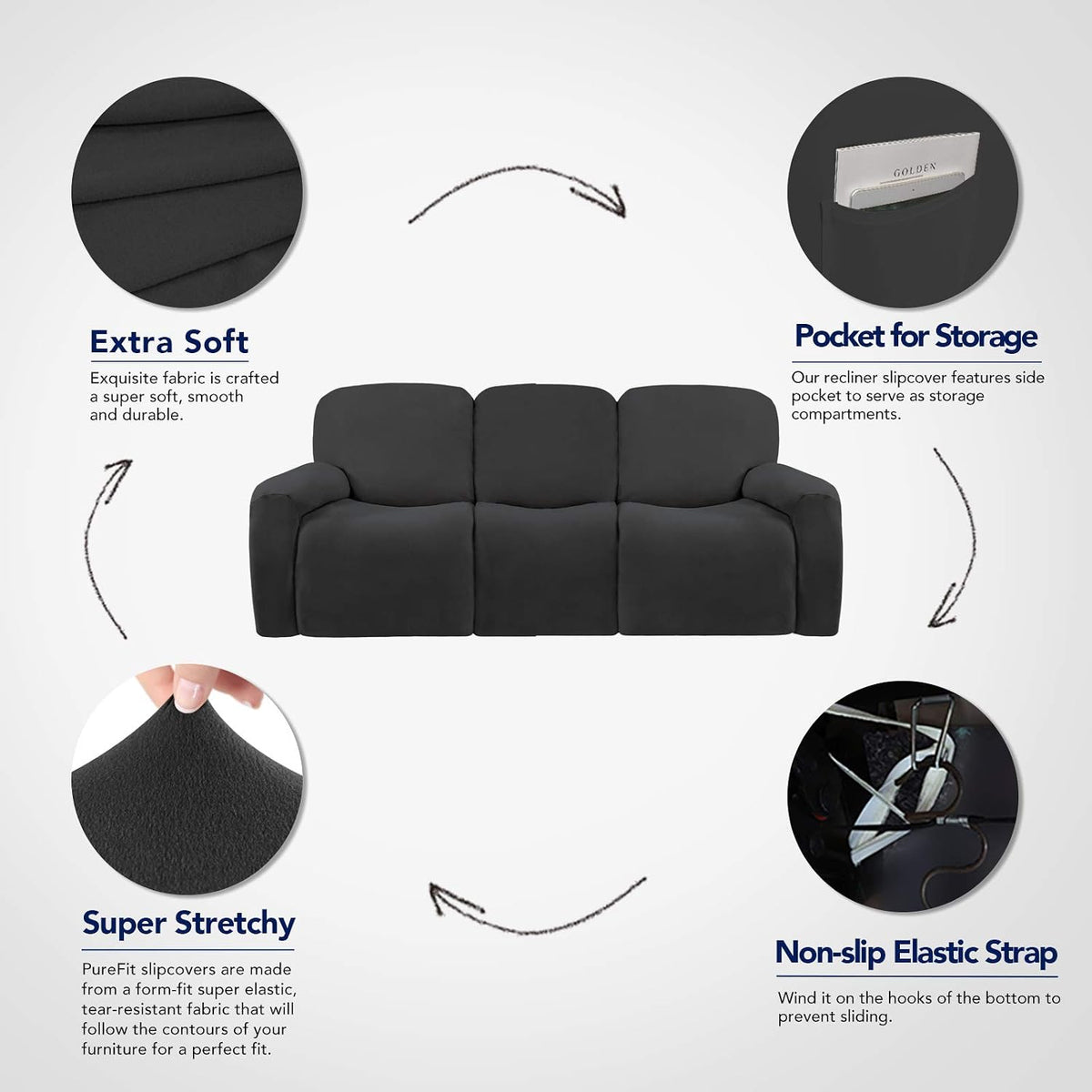 Stretch Couch Covers for Sofa Large Sofa Slipcovers Dark Gray | 1-Piece Spandex Couch cover Soft Couch protector, Sofa cover Washable with Non Skid Foam and Elastic Bottom for Kids, Dogs