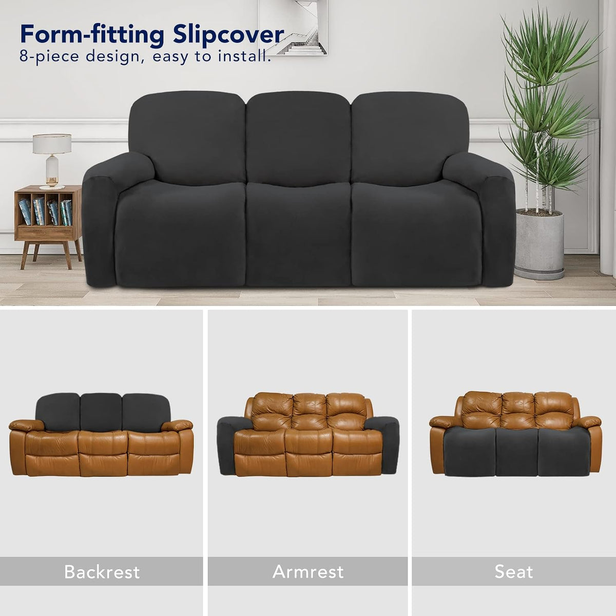 Stretch Couch Covers for Sofa Large Sofa Slipcovers Dark Gray | 1-Piece Spandex Couch cover Soft Couch protector, Sofa cover Washable with Non Skid Foam and Elastic Bottom for Kids, Dogs
