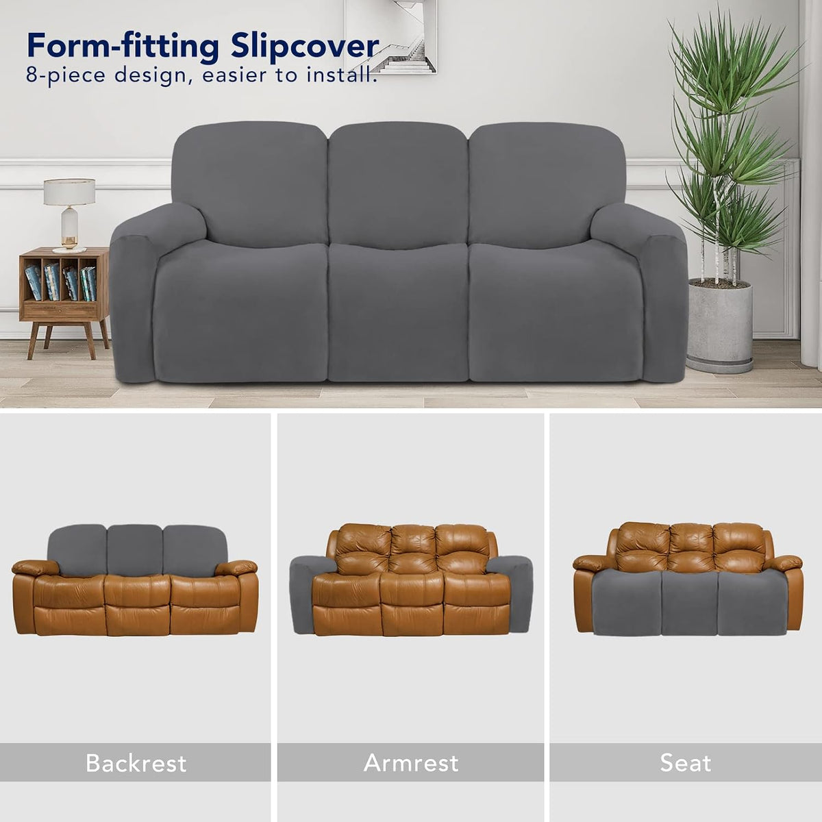 Stretch Couch Covers for Sofa Large Sofa Slipcovers Dark Gray | 1-Piece Spandex Couch cover Soft Couch protector, Sofa cover Washable with Non Skid Foam and Elastic Bottom for Kids, Dogs