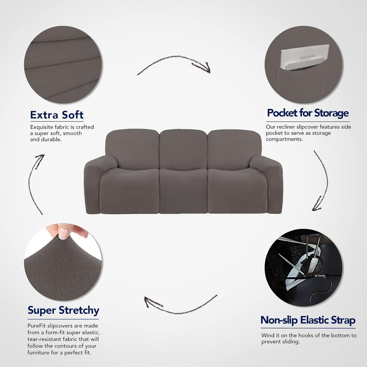 Stretch Couch Covers for Sofa Large Sofa Slipcovers Dark Gray | 1-Piece Spandex Couch cover Soft Couch protector, Sofa cover Washable with Non Skid Foam and Elastic Bottom for Kids, Dogs