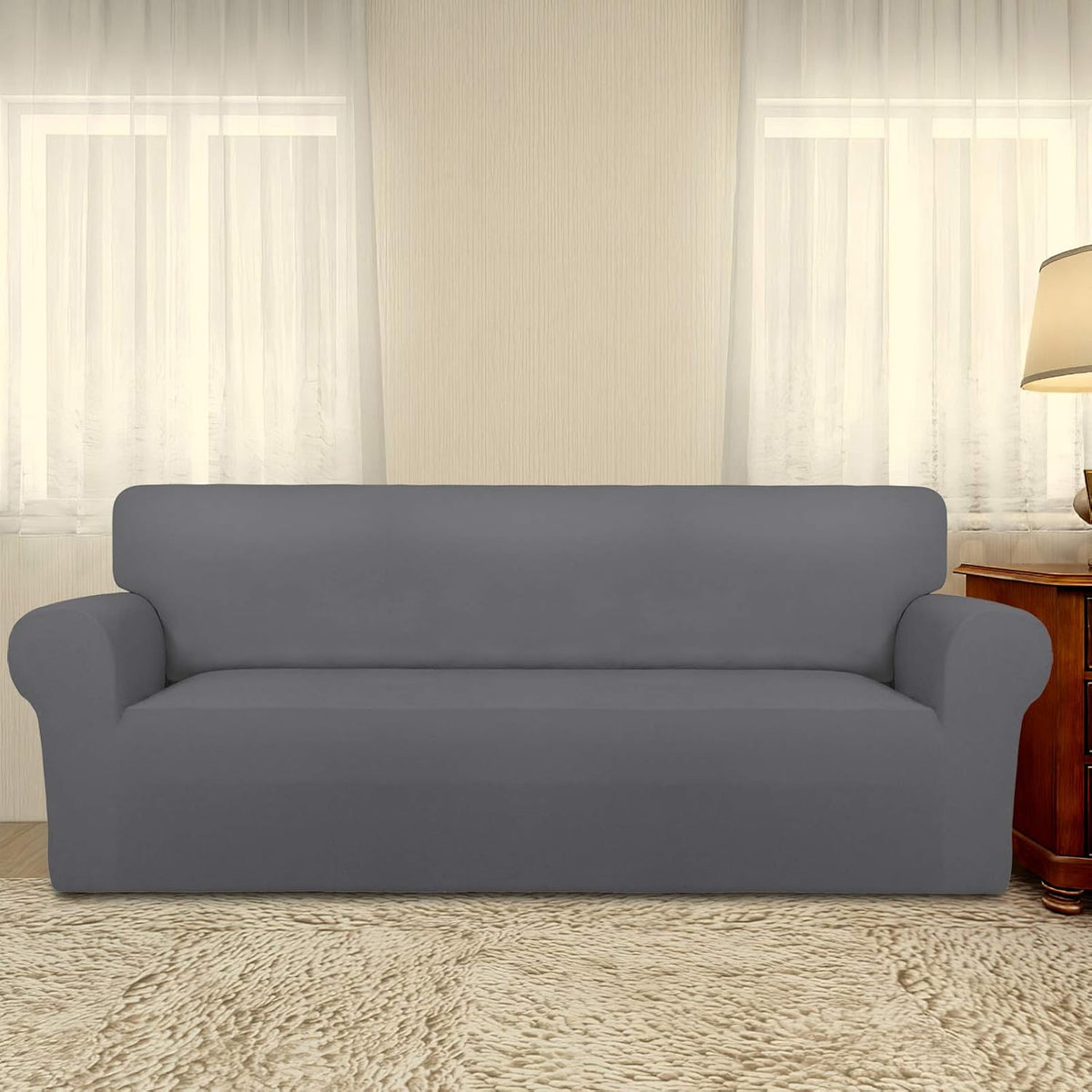 Stretch Couch Covers for Sofa Large Sofa Slipcovers Dark Gray | 1-Piece Spandex Couch cover Soft Couch protector, Sofa cover Washable with Non Skid Foam and Elastic Bottom for Kids, Dogs