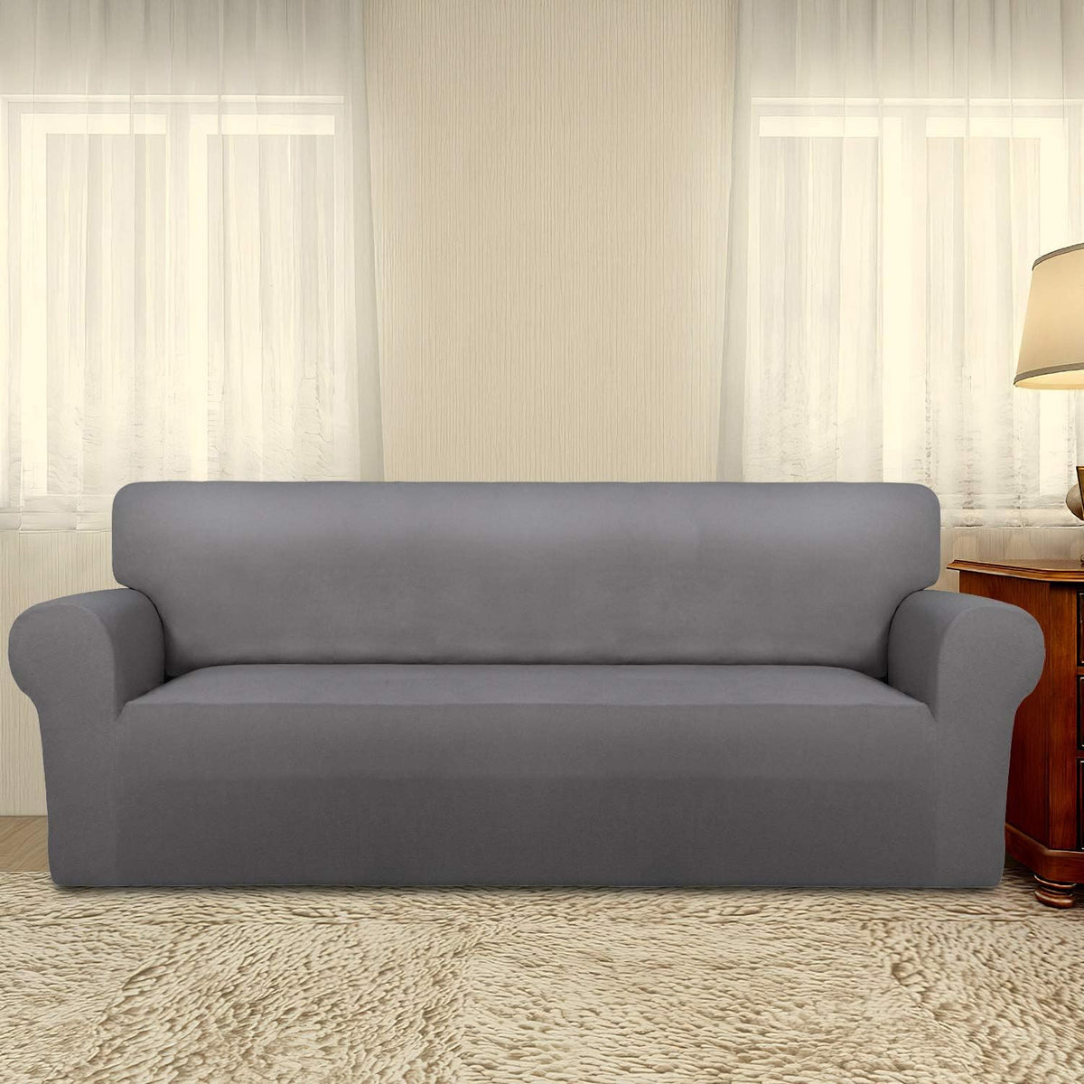 Stretch Couch Covers for Sofa Large Sofa Slipcovers Dark Gray | 1-Piece Spandex Couch cover Soft Couch protector, Sofa cover Washable with Non Skid Foam and Elastic Bottom for Kids, Dogs
