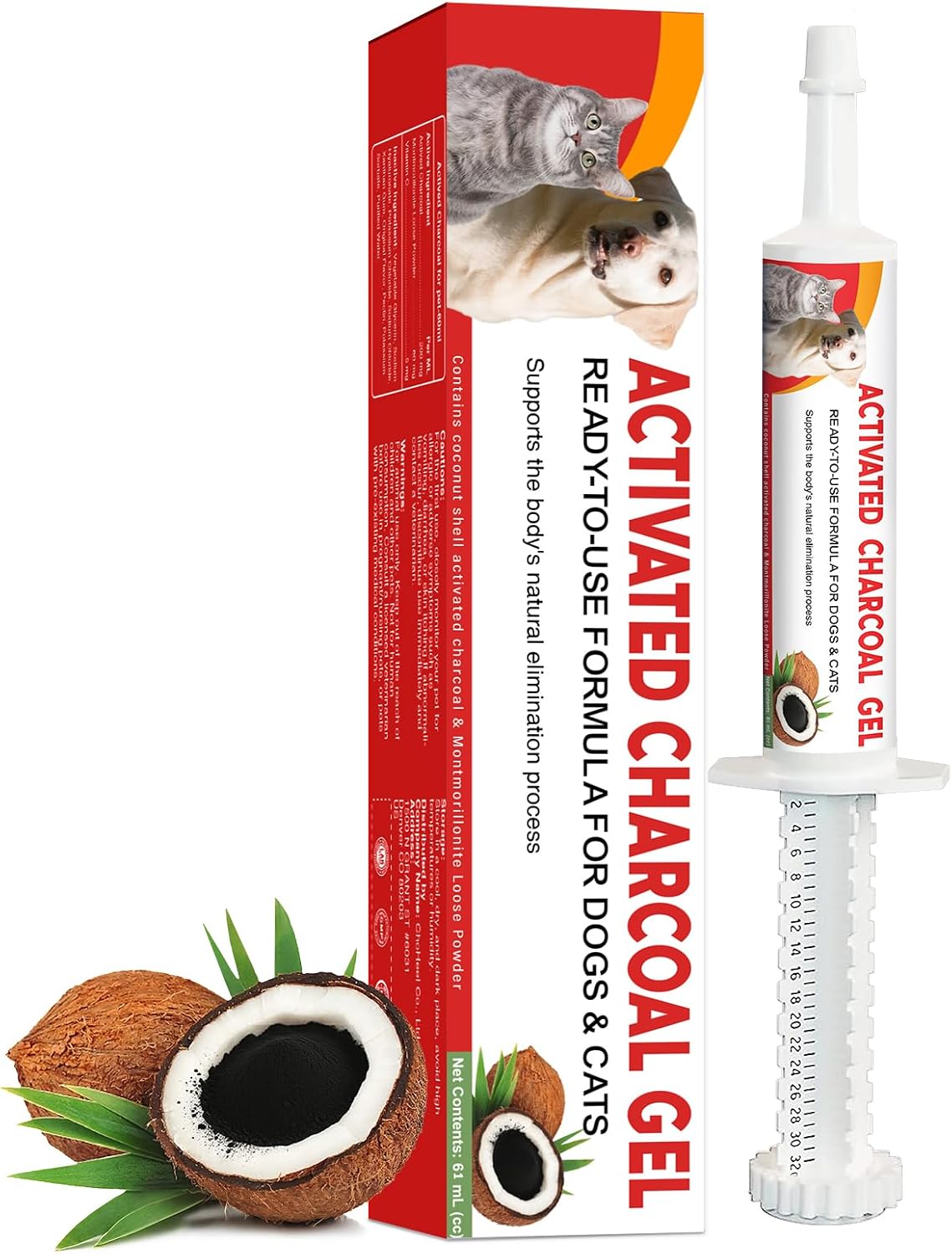 Activated Charcoal First Aid Kit Emergency Rescue for Dogs, Cats, Activated Charcoal for Dogs, Puppy & Pet Poisoning Kit, Camping Survival Remedy Essential, Ready to Absorb Toxins - 60cc (60ml)
