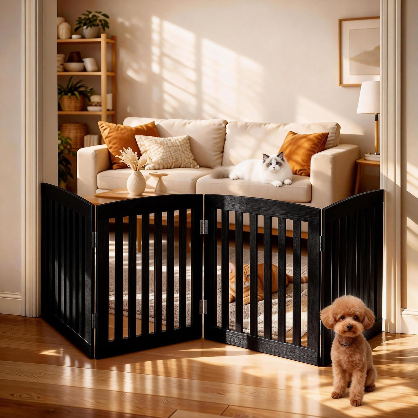 DUMOS Pet Gate for Dogs and Cats, 24 Inch 4 Panels Foldable Wooden Freestanding Dog Gate with Hinge Design, Indoor Portable Extra Wide Dog Fence Pet Barrier for Doorways, Stairs, Kitchen, Black