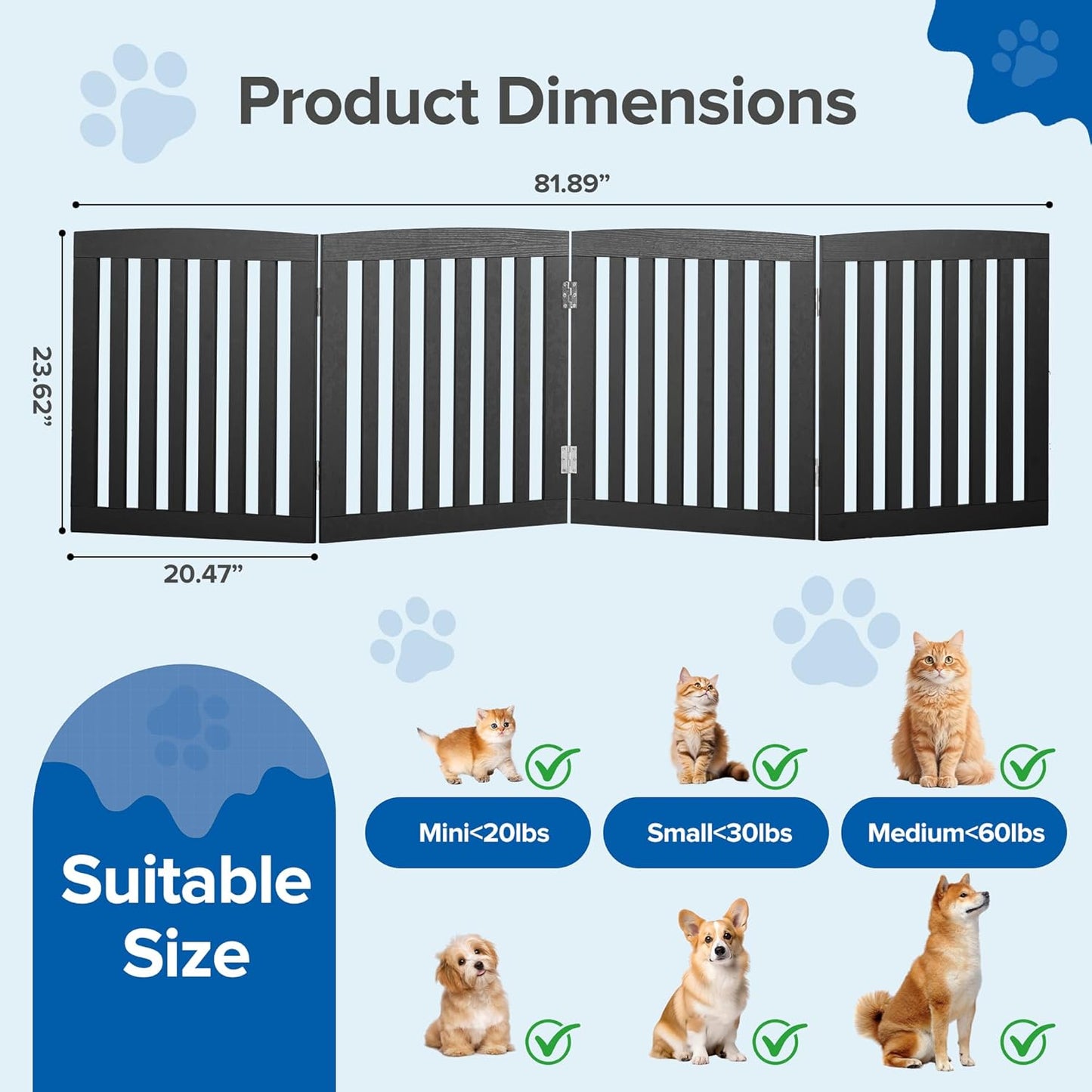 DUMOS Pet Gate for Dogs and Cats, 24 Inch 4 Panels Foldable Wooden Freestanding Dog Gate with Hinge Design, Indoor Portable Extra Wide Dog Fence Pet Barrier for Doorways, Stairs, Kitchen, Black