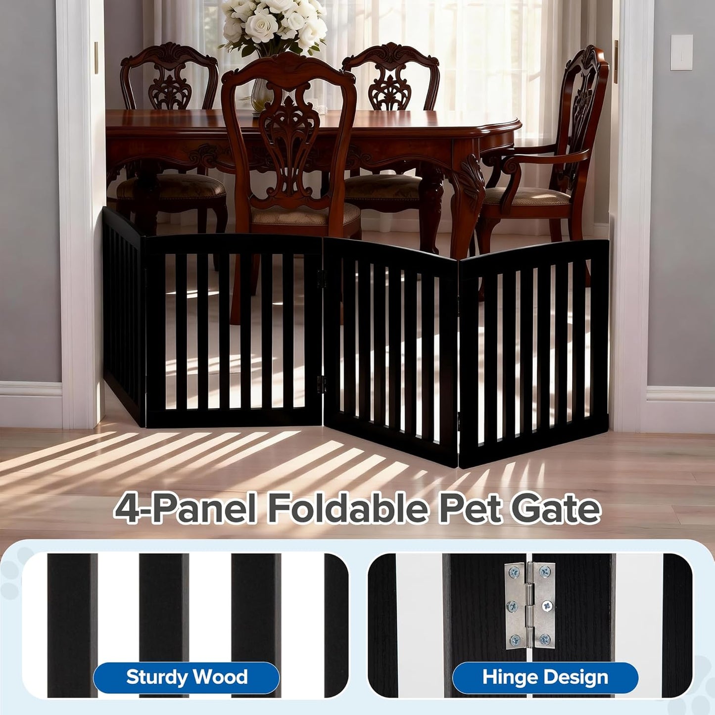 DUMOS Pet Gate for Dogs and Cats, 24 Inch 4 Panels Foldable Wooden Freestanding Dog Gate with Hinge Design, Indoor Portable Extra Wide Dog Fence Pet Barrier for Doorways, Stairs, Kitchen, Black