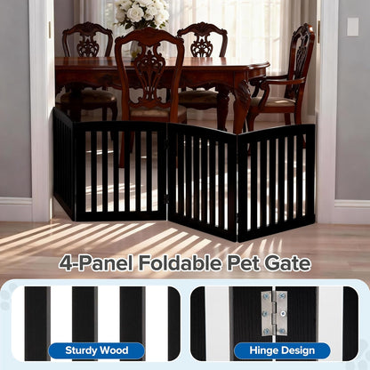DUMOS Pet Gate for Dogs and Cats, 24 Inch 4 Panels Foldable Wooden Freestanding Dog Gate with Hinge Design, Indoor Portable Extra Wide Dog Fence Pet Barrier for Doorways, Stairs, Kitchen, Black