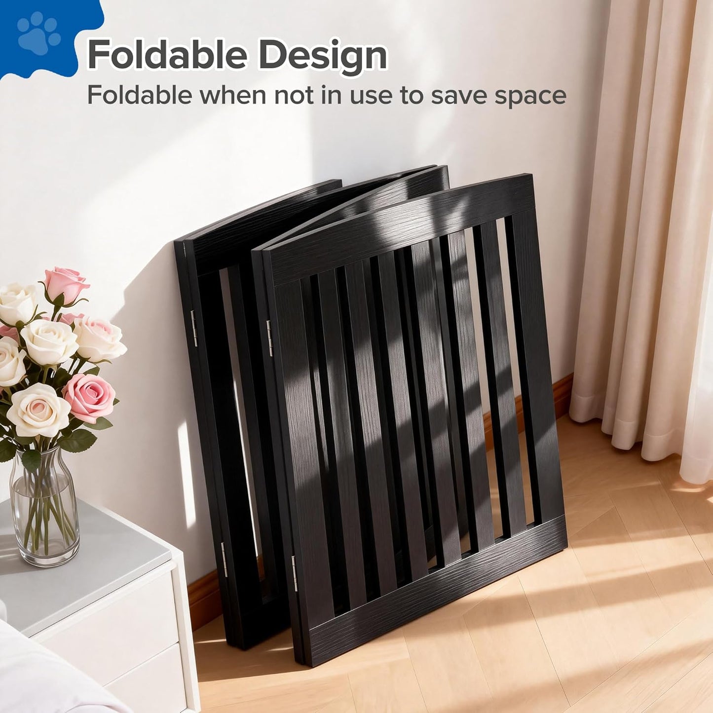 DUMOS Pet Gate for Dogs and Cats, 24 Inch 4 Panels Foldable Wooden Freestanding Dog Gate with Hinge Design, Indoor Portable Extra Wide Dog Fence Pet Barrier for Doorways, Stairs, Kitchen, Black