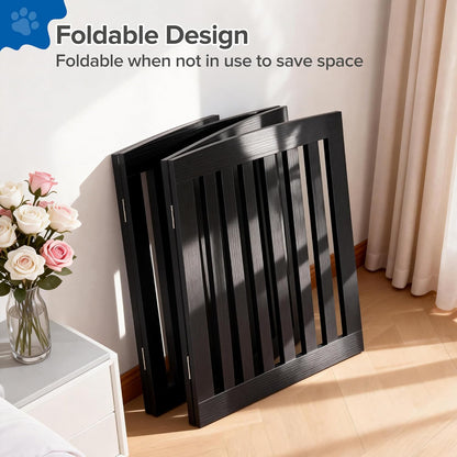 DUMOS Pet Gate for Dogs and Cats, 24 Inch 4 Panels Foldable Wooden Freestanding Dog Gate with Hinge Design, Indoor Portable Extra Wide Dog Fence Pet Barrier for Doorways, Stairs, Kitchen, Black