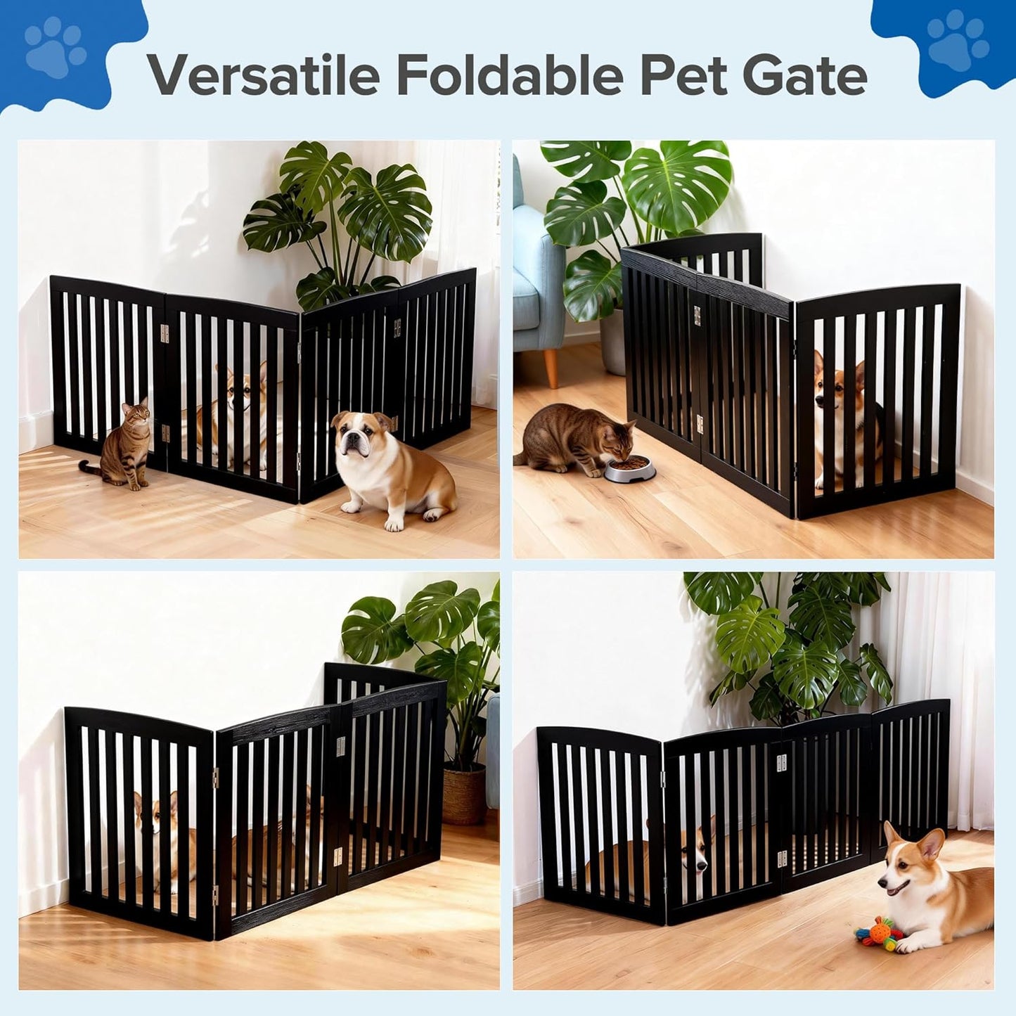 DUMOS Pet Gate for Dogs and Cats, 24 Inch 4 Panels Foldable Wooden Freestanding Dog Gate with Hinge Design, Indoor Portable Extra Wide Dog Fence Pet Barrier for Doorways, Stairs, Kitchen, Black