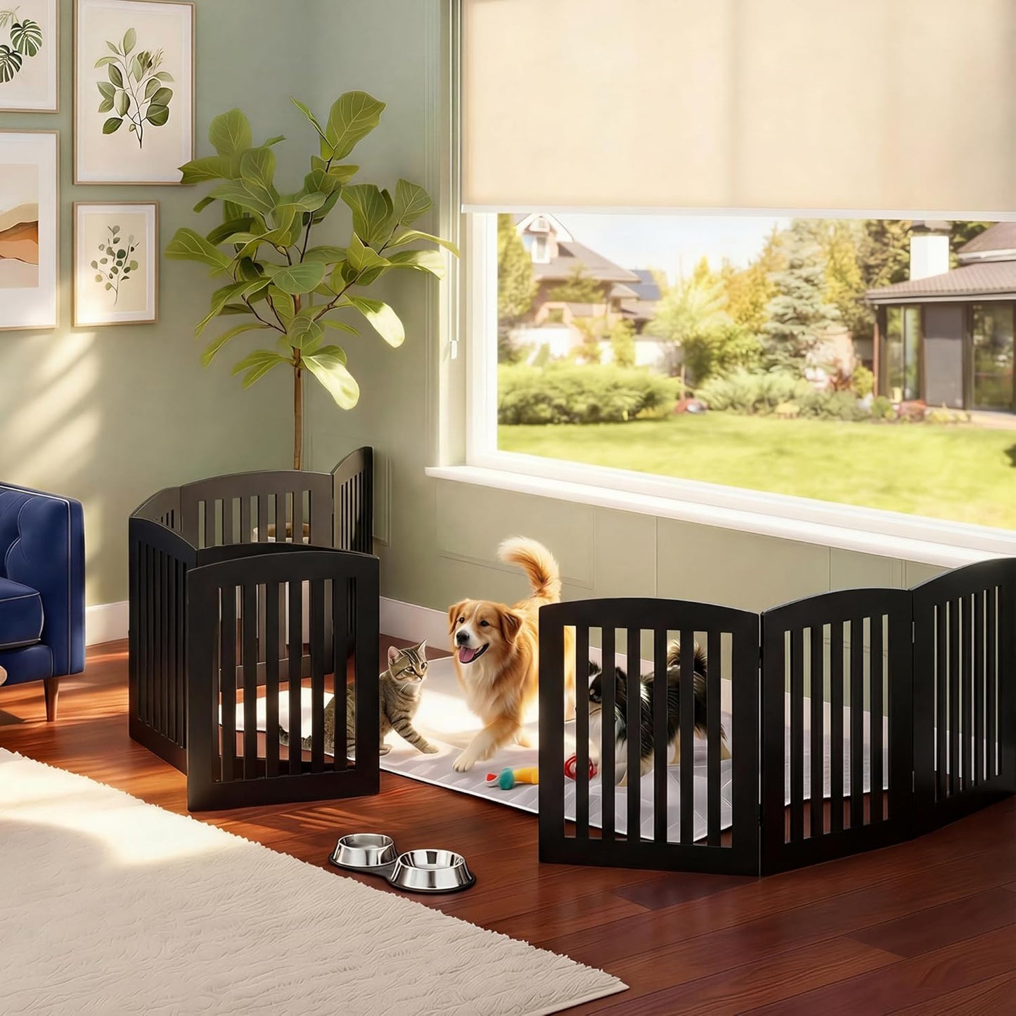 DUMOS Pet Gate for Dogs and Cats, 24 Inch 4 Panels Foldable Wooden Freestanding Dog Gate with Hinge Design, Indoor Portable Extra Wide Dog Fence Pet Barrier for Doorways, Stairs, Kitchen, Black