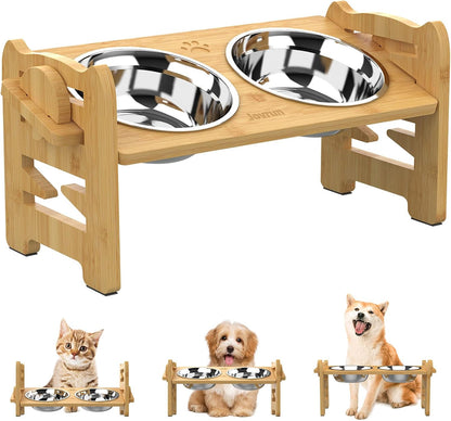 Elevated Dog Bowls, Adjustable Raised Dog Bowl Stand for Small Size Dogs and Cats, 15°Tilted Elevated Cat Bowls, Durable Bamboo Dogs Feeder with 2 Stainless Steel Bowls and Non-Slip Feet