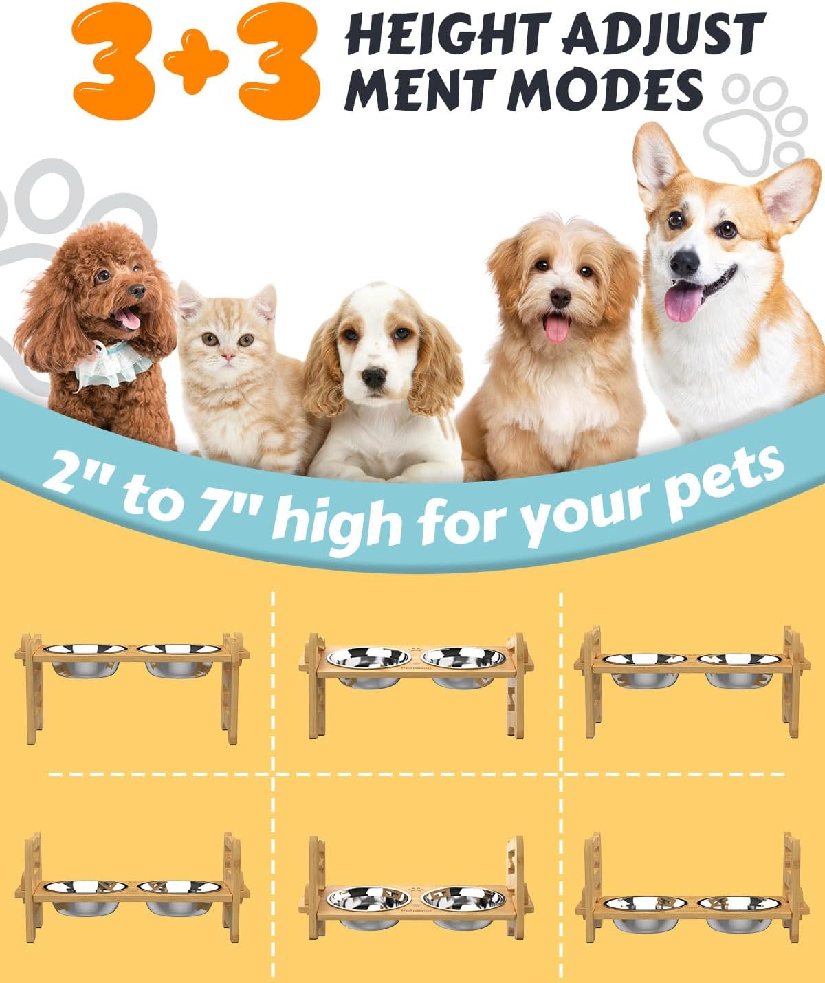 Elevated Dog Bowls, Adjustable Raised Dog Bowl Stand for Small Size Dogs and Cats, 15°Tilted Elevated Cat Bowls, Durable Bamboo Dogs Feeder with 2 Stainless Steel Bowls and Non-Slip Feet