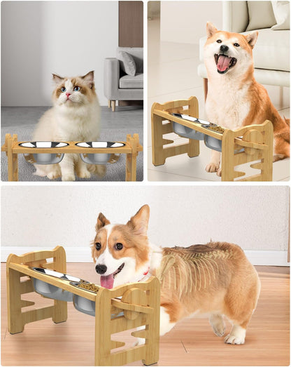 Elevated Dog Bowls, Adjustable Raised Dog Bowl Stand for Small Size Dogs and Cats, 15°Tilted Elevated Cat Bowls, Durable Bamboo Dogs Feeder with 2 Stainless Steel Bowls and Non-Slip Feet