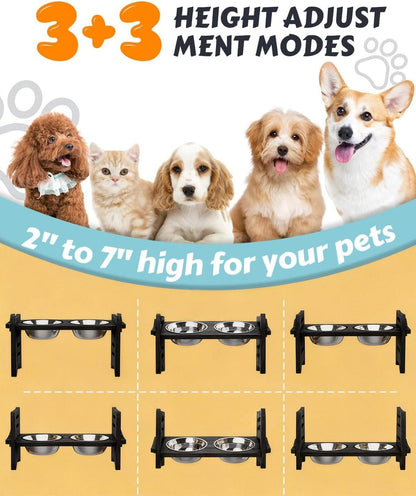 Elevated Dog Bowls, Adjustable Raised Dog Bowl Stand for Small Size Dogs and Cats, 15°Tilted Elevated Cat Bowls, Durable Bamboo Dogs Feeder with 2 Stainless Steel Bowls and Non-Slip Feet