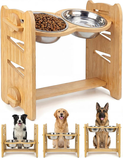 Elevated Dog Bowls, Adjustable Raised Dog Bowl Stand for Small Size Dogs and Cats, 15°Tilted Elevated Cat Bowls, Durable Bamboo Dogs Feeder with 2 Stainless Steel Bowls and Non-Slip Feet