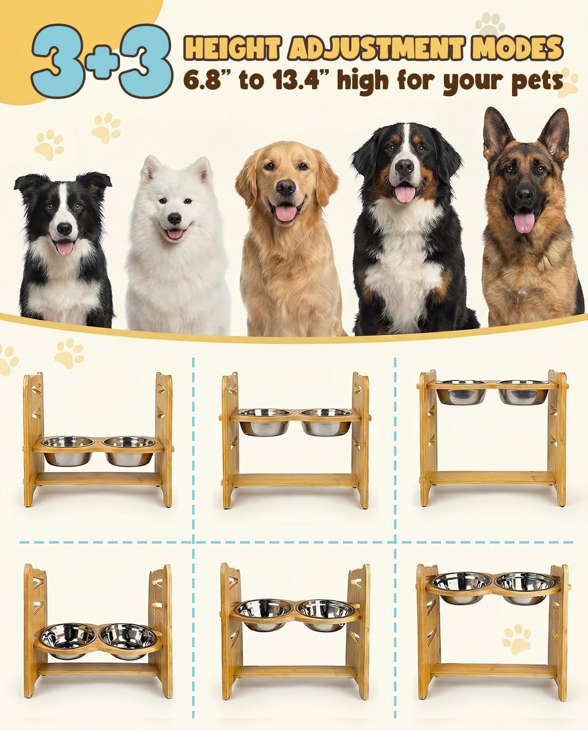 Elevated Dog Bowls, Adjustable Raised Dog Bowl Stand for Small Size Dogs and Cats, 15°Tilted Elevated Cat Bowls, Durable Bamboo Dogs Feeder with 2 Stainless Steel Bowls and Non-Slip Feet