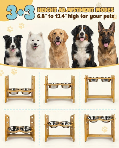 Elevated Dog Bowls, Adjustable Raised Dog Bowl Stand for Small Size Dogs and Cats, 15°Tilted Elevated Cat Bowls, Durable Bamboo Dogs Feeder with 2 Stainless Steel Bowls and Non-Slip Feet