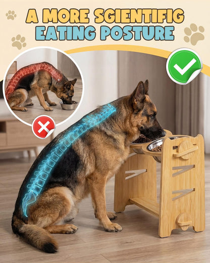 Elevated Dog Bowls, Adjustable Raised Dog Bowl Stand for Small Size Dogs and Cats, 15°Tilted Elevated Cat Bowls, Durable Bamboo Dogs Feeder with 2 Stainless Steel Bowls and Non-Slip Feet